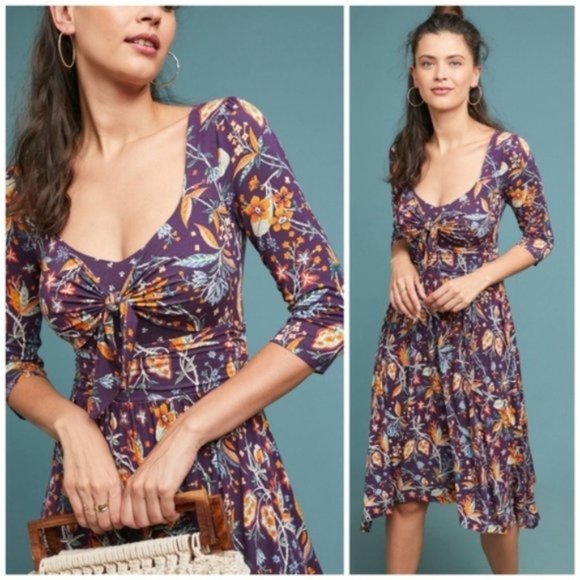 Anthropologie Maeve Beloved Dress Floral Asymmetrical Front Tie Purple Size XS - Picture 1 of 13